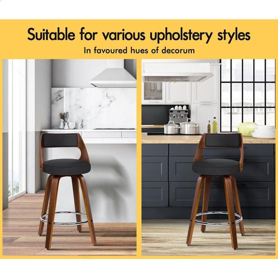 A-BAR-BENT-RO-FABKX2 ALFORDSON 2x Bar Stools Swivel Wooden Chairs Fabric Black