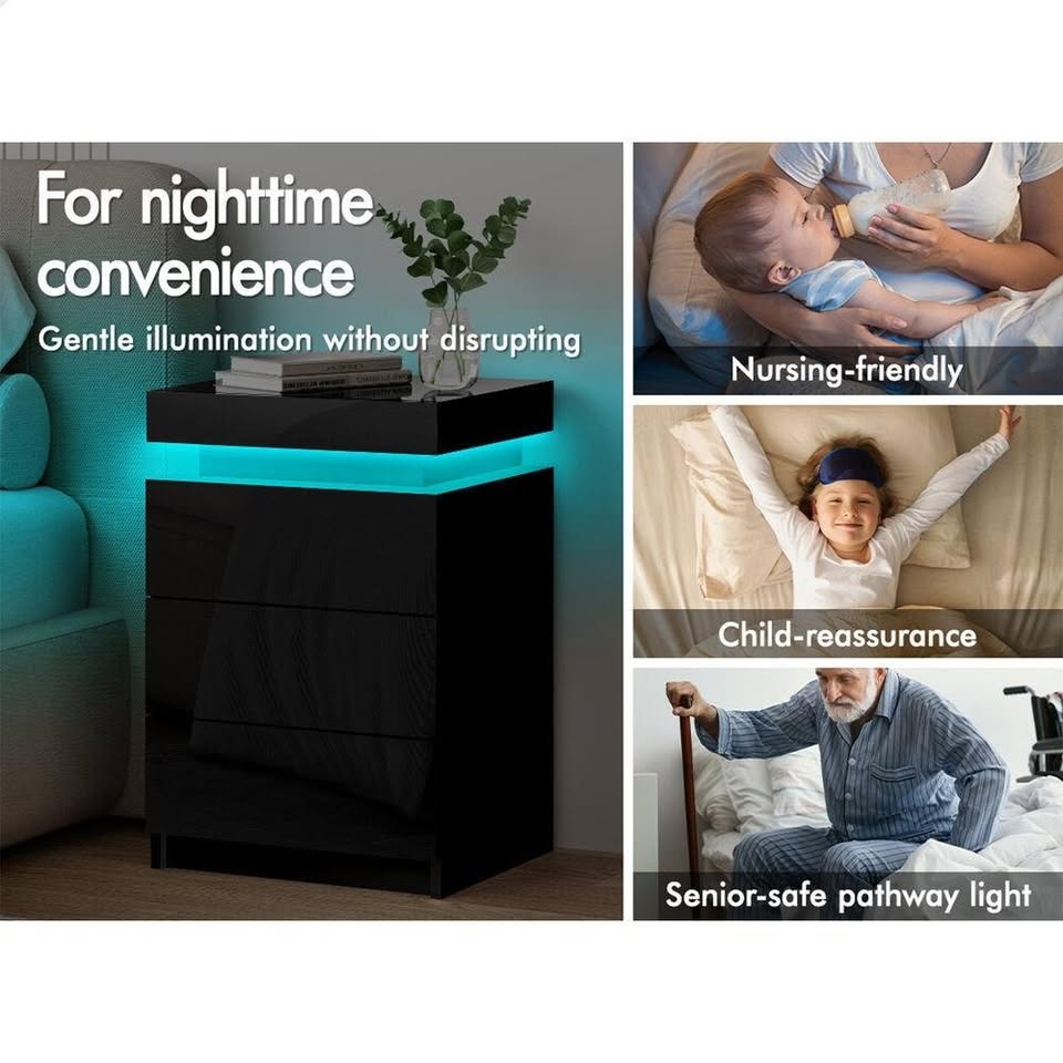 A-BST-G-3D-ULED-BK ALFORDSON Bedside Table 3 Drawers LED Lift-up Storage Black