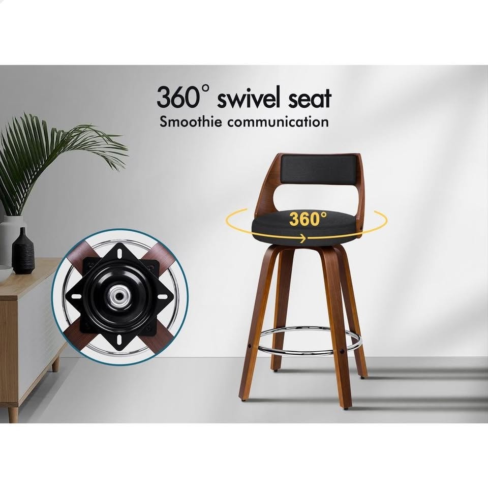 A-BAR-BENT-RO-FABKX2 ALFORDSON 2x Bar Stools Swivel Wooden Chairs Fabric Black