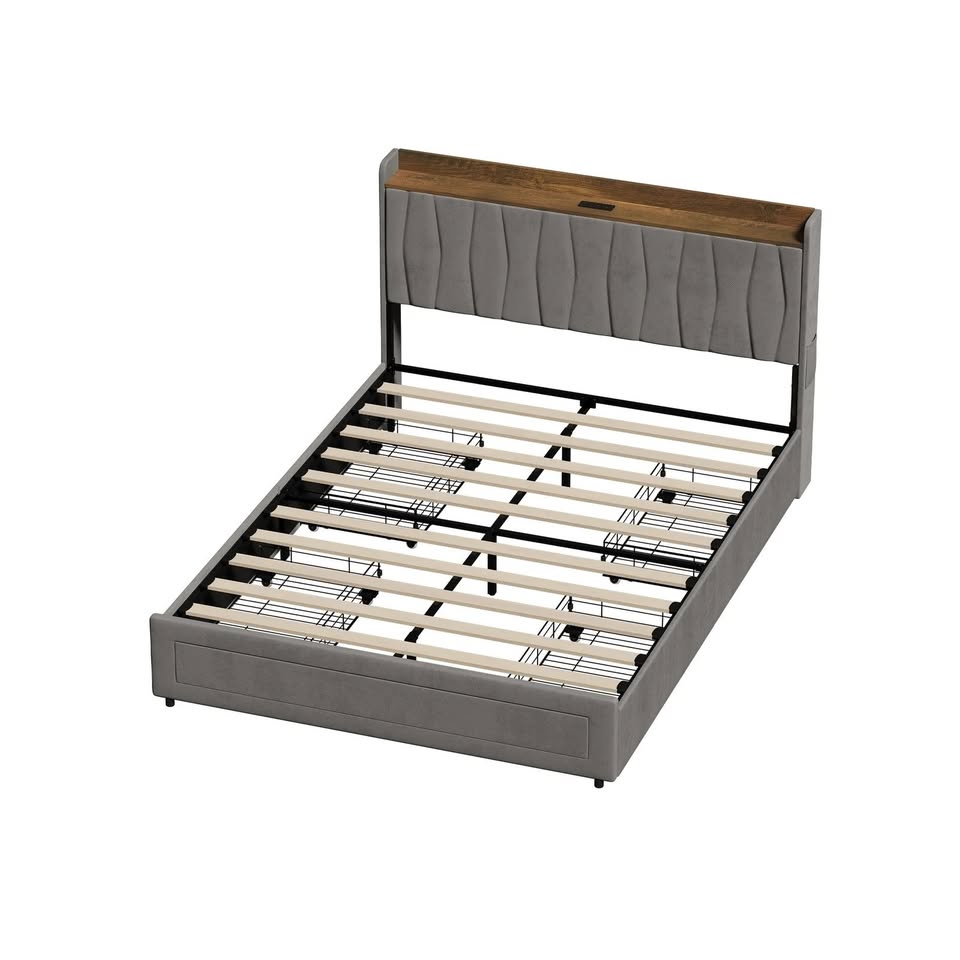 BF-C-IVY-D-GY Oikiture Bed Frame Double Size with 4 Drawers Charging Station USB Ports Grey
