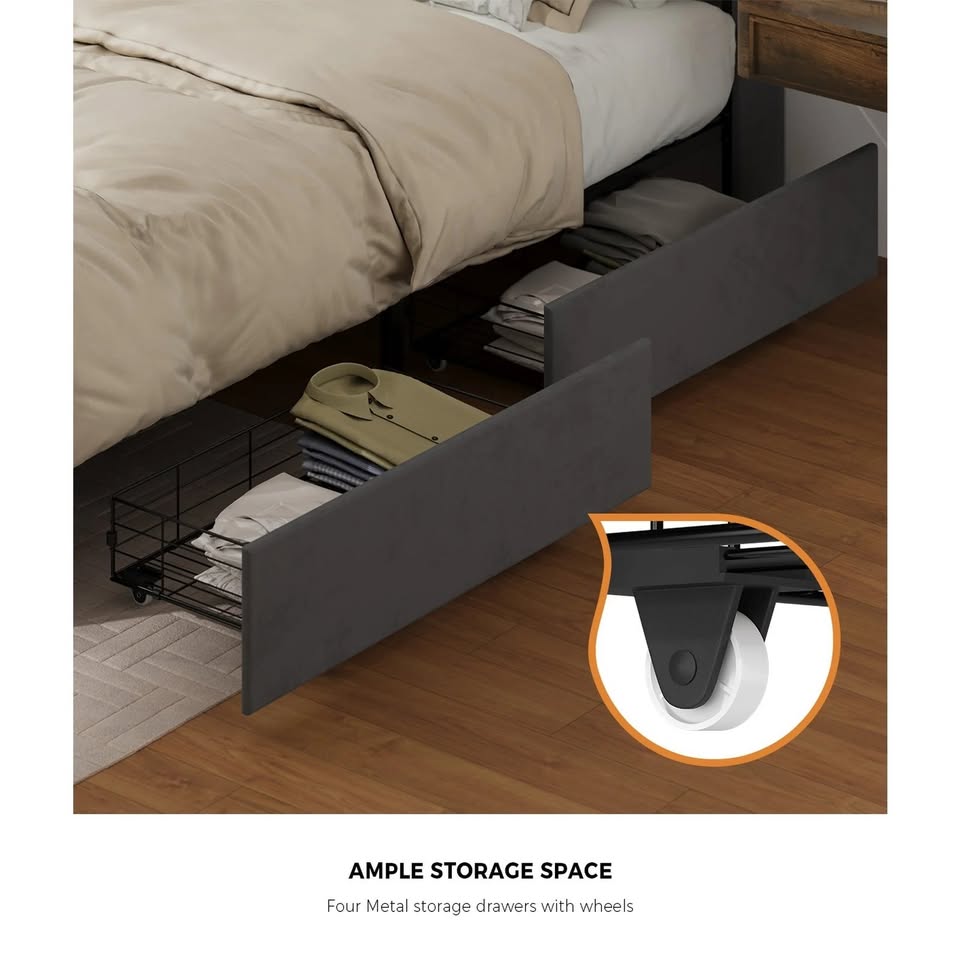 BF-C-IVY-D-GY Oikiture Bed Frame Double Size with 4 Drawers Charging Station USB Ports Grey