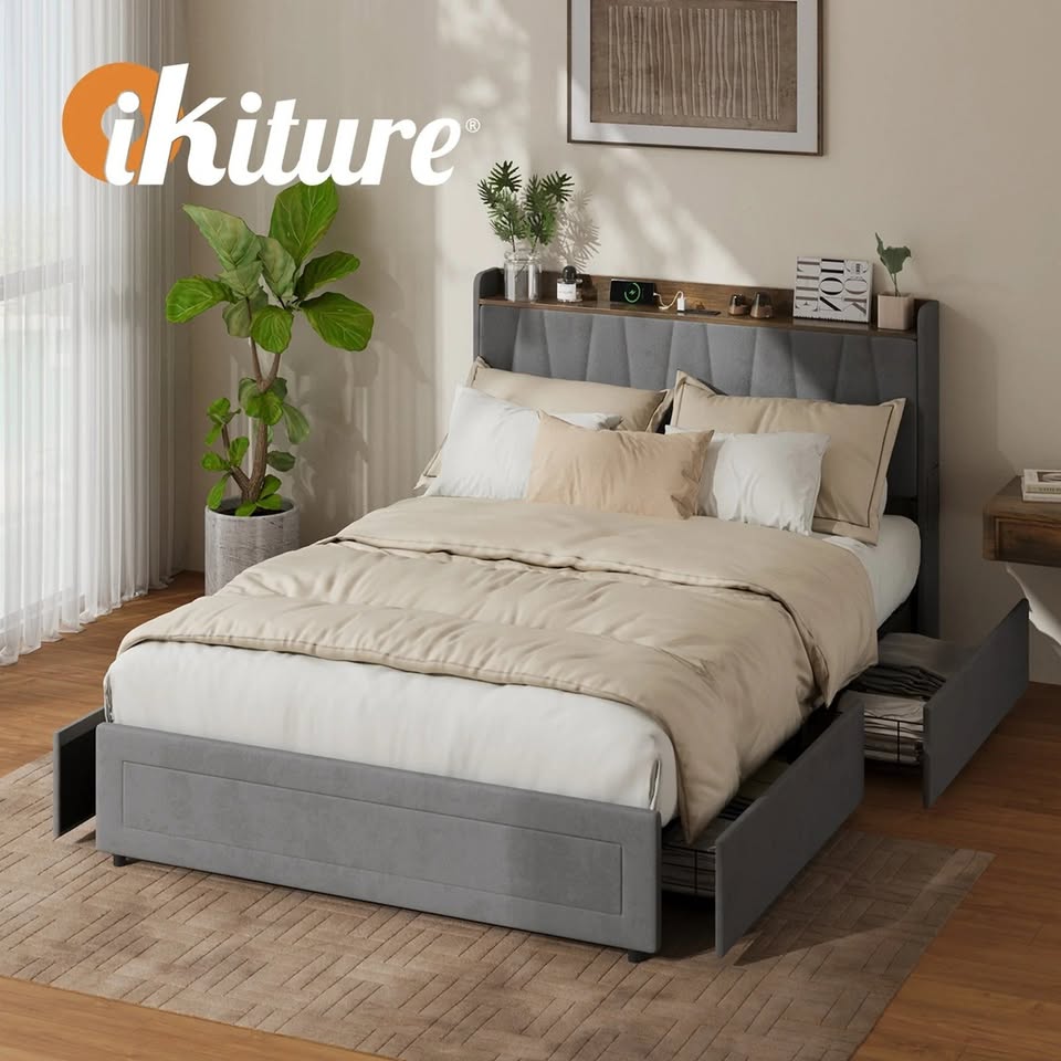 BF-C-IVY-D-GY Oikiture Bed Frame Double Size with 4 Drawers Charging Station USB Ports Grey
