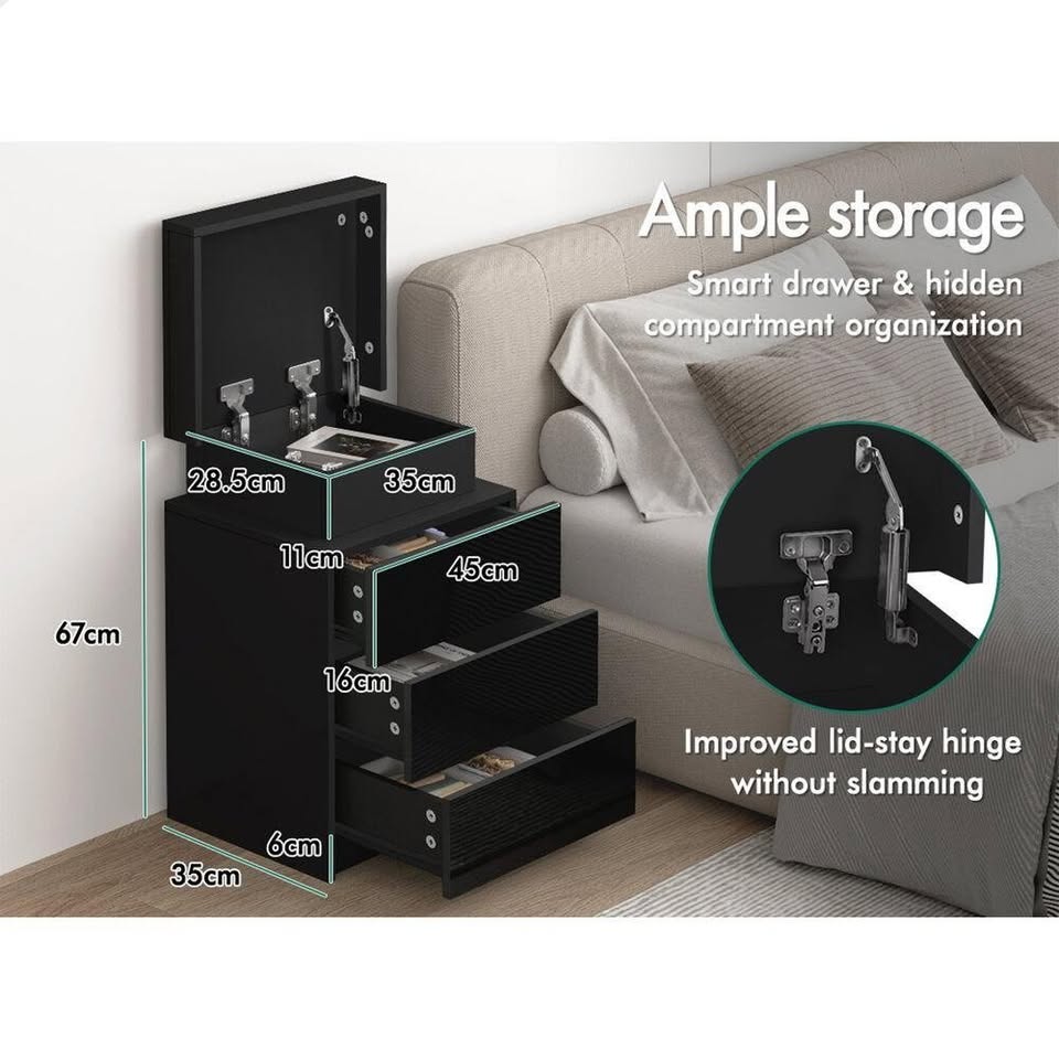 A-BST-G-3D-ULED-BK ALFORDSON Bedside Table 3 Drawers LED Lift-up Storage Black