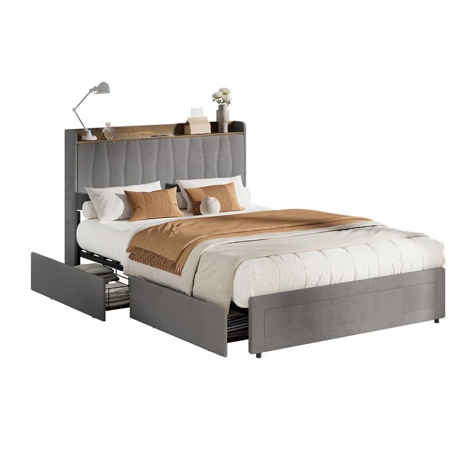 BF-C-IVY-D-GY Oikiture Bed Frame Double Size with 4 Drawers Charging Station USB Ports Grey