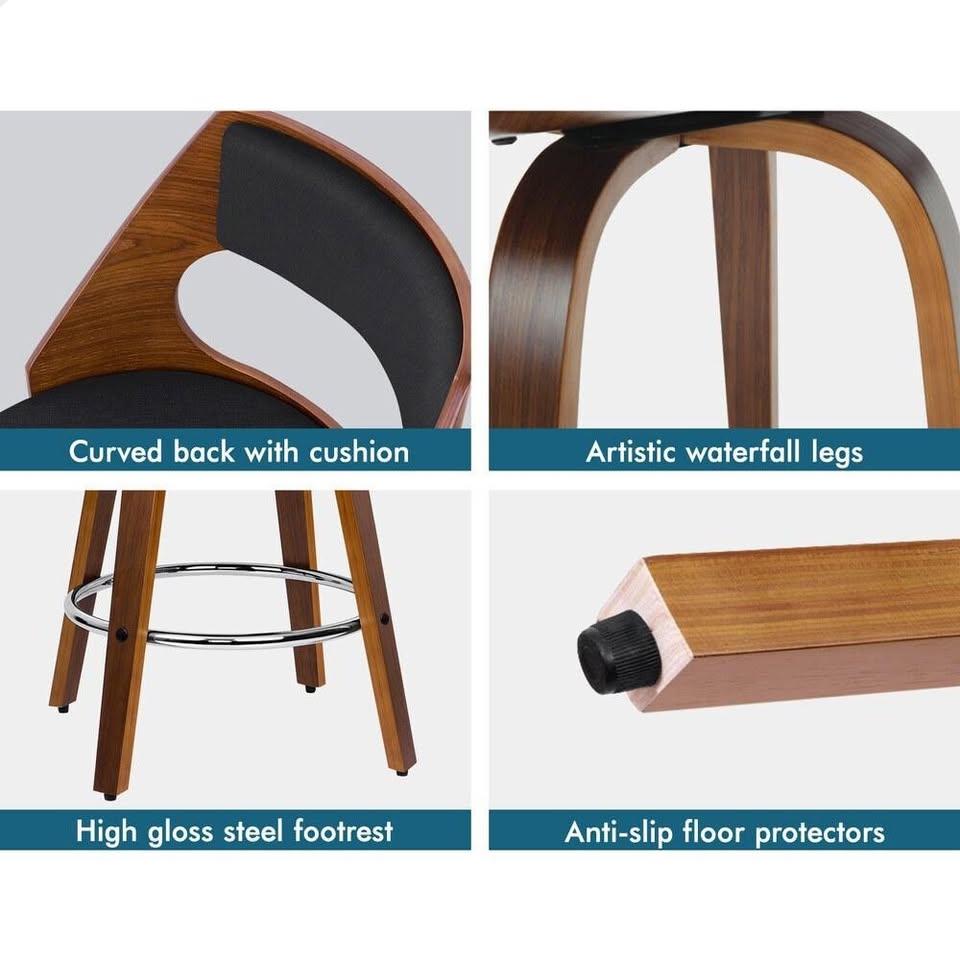 A-BAR-BENT-RO-FABKX2 ALFORDSON 2x Bar Stools Swivel Wooden Chairs Fabric Black
