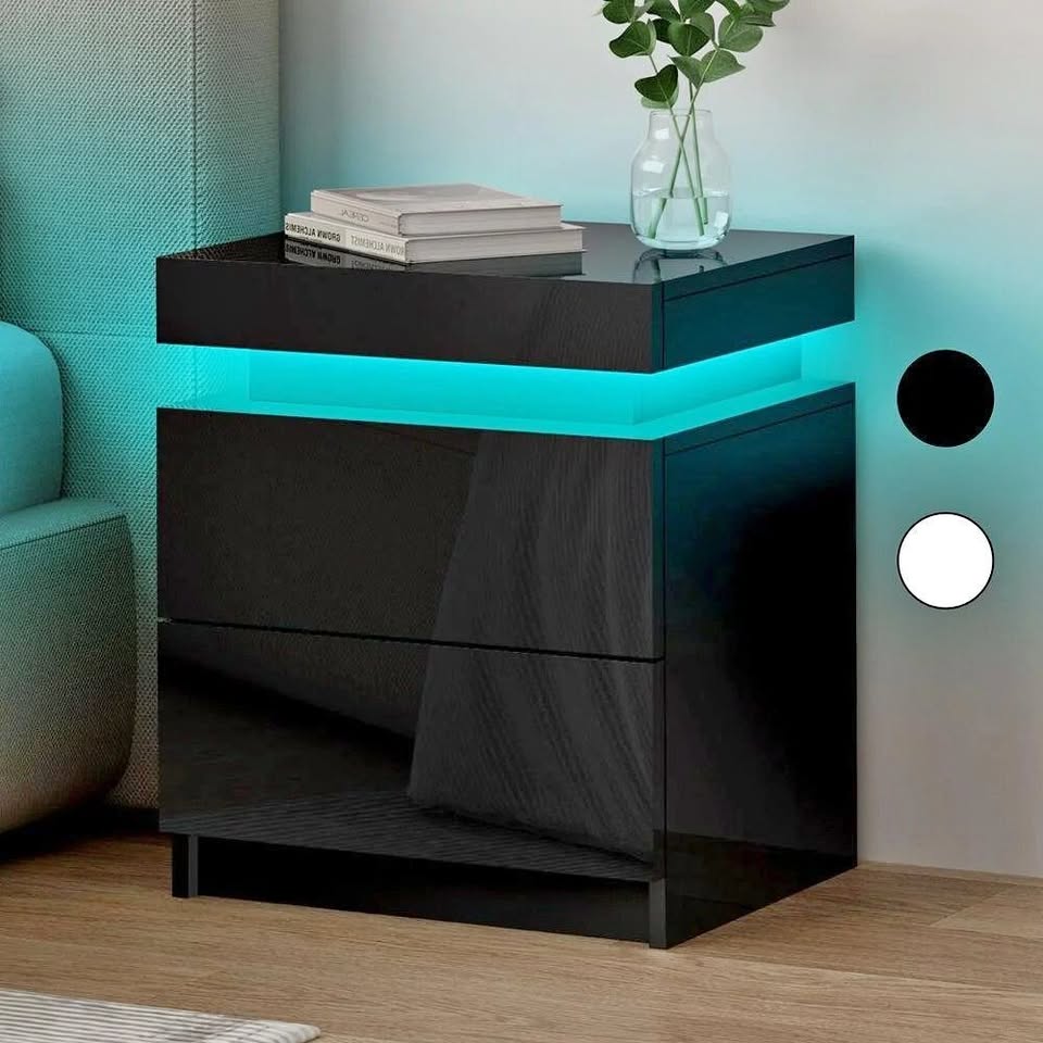 A-BST-G-3D-ULED-BK ALFORDSON Bedside Table 3 Drawers LED Lift-up Storage Black