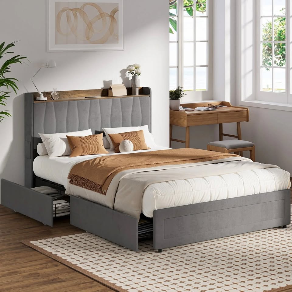 BF-C-IVY-D-GY Oikiture Bed Frame Double Size with 4 Drawers Charging Station USB Ports Grey
