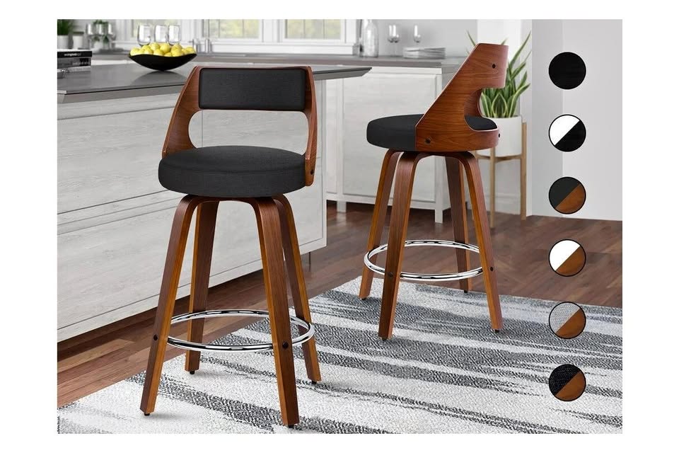 A-BAR-BENT-RO-FABKX2 ALFORDSON 2x Bar Stools Swivel Wooden Chairs Fabric Black