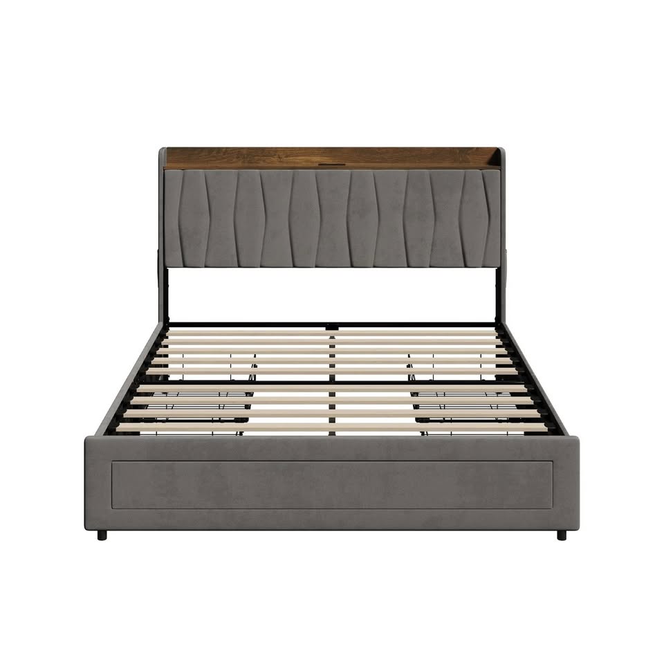 BF-C-IVY-D-GY Oikiture Bed Frame Double Size with 4 Drawers Charging Station USB Ports Grey