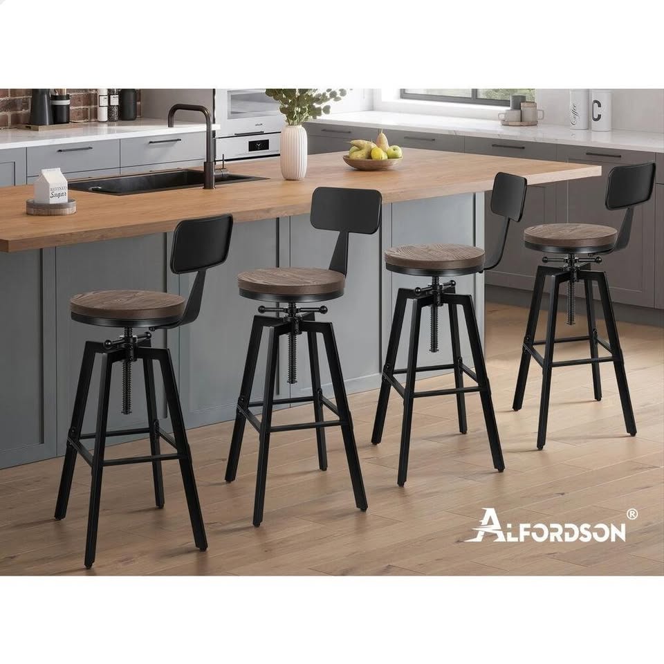 A-BAR-IND-BACK-BKX2 ALFORDSON 2x Bar Stool Retro Kitchen Vintage Chair Industrial Backrest Ezra
