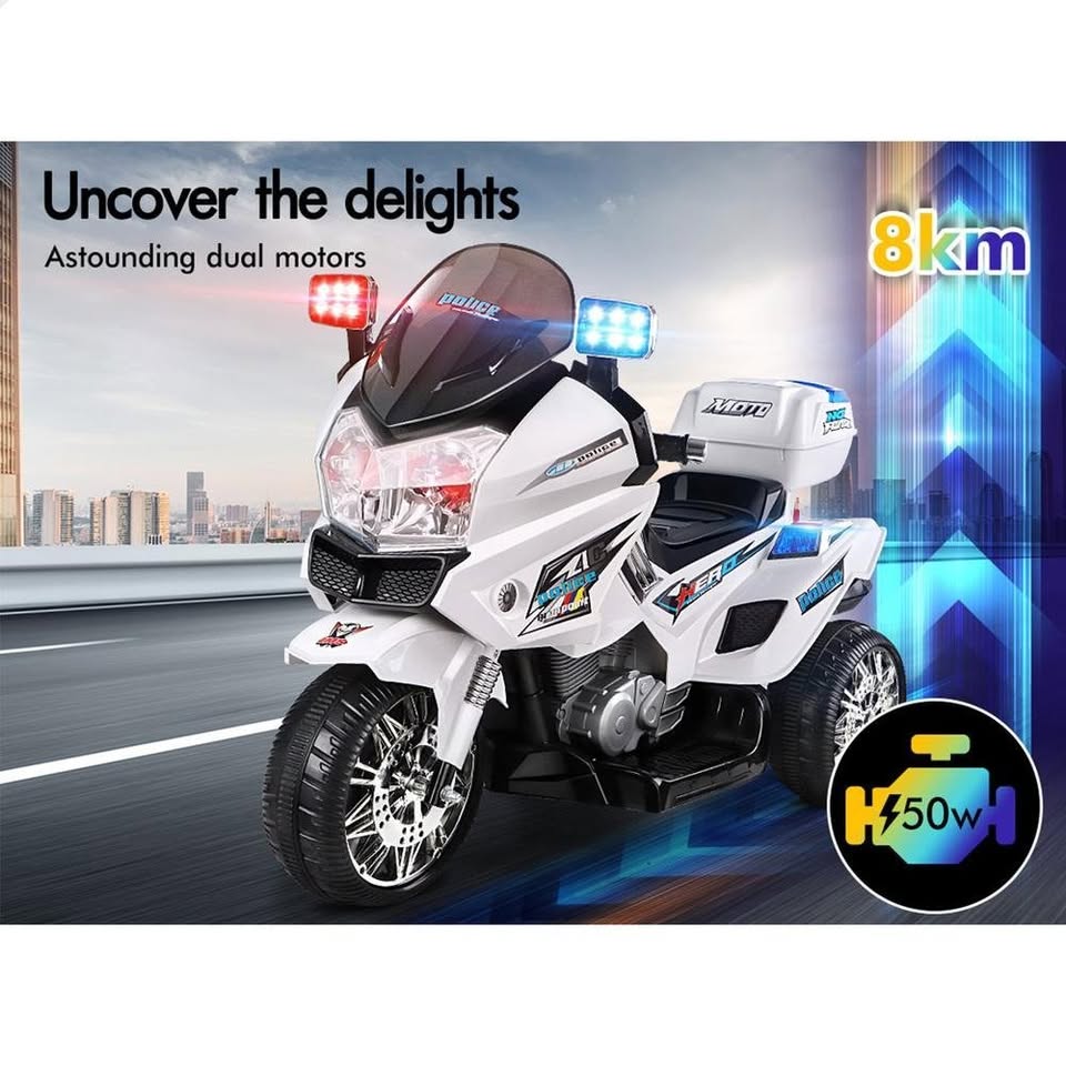 A-CAR-MOTO-PATR-WH ALFORDSON Ride On Car Kids Patrol Motorcycle BMW-Inspired