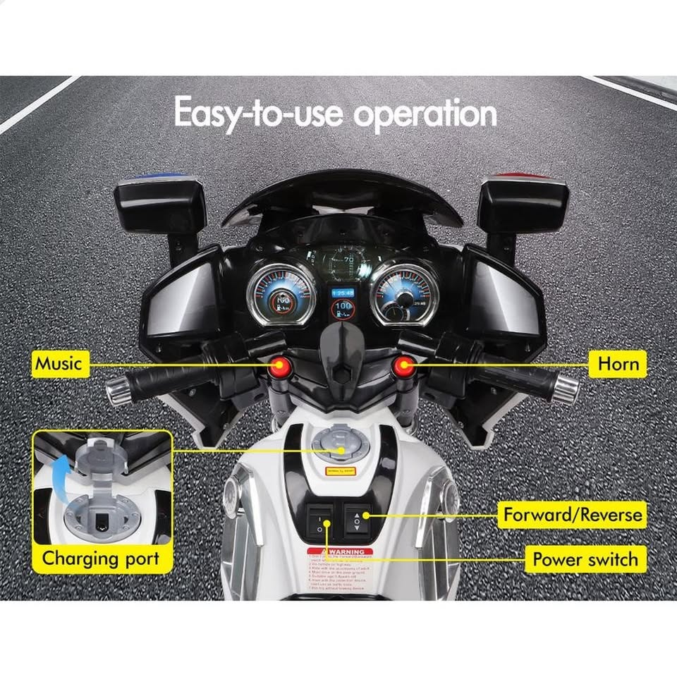 A-CAR-MOTO-PATR-WH ALFORDSON Ride On Car Kids Patrol Motorcycle BMW-Inspired