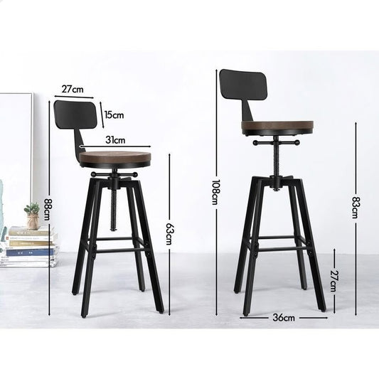 A-BAR-IND-BACK-BKX2 ALFORDSON 2x Bar Stool Retro Kitchen Vintage Chair Industrial Backrest Ezra