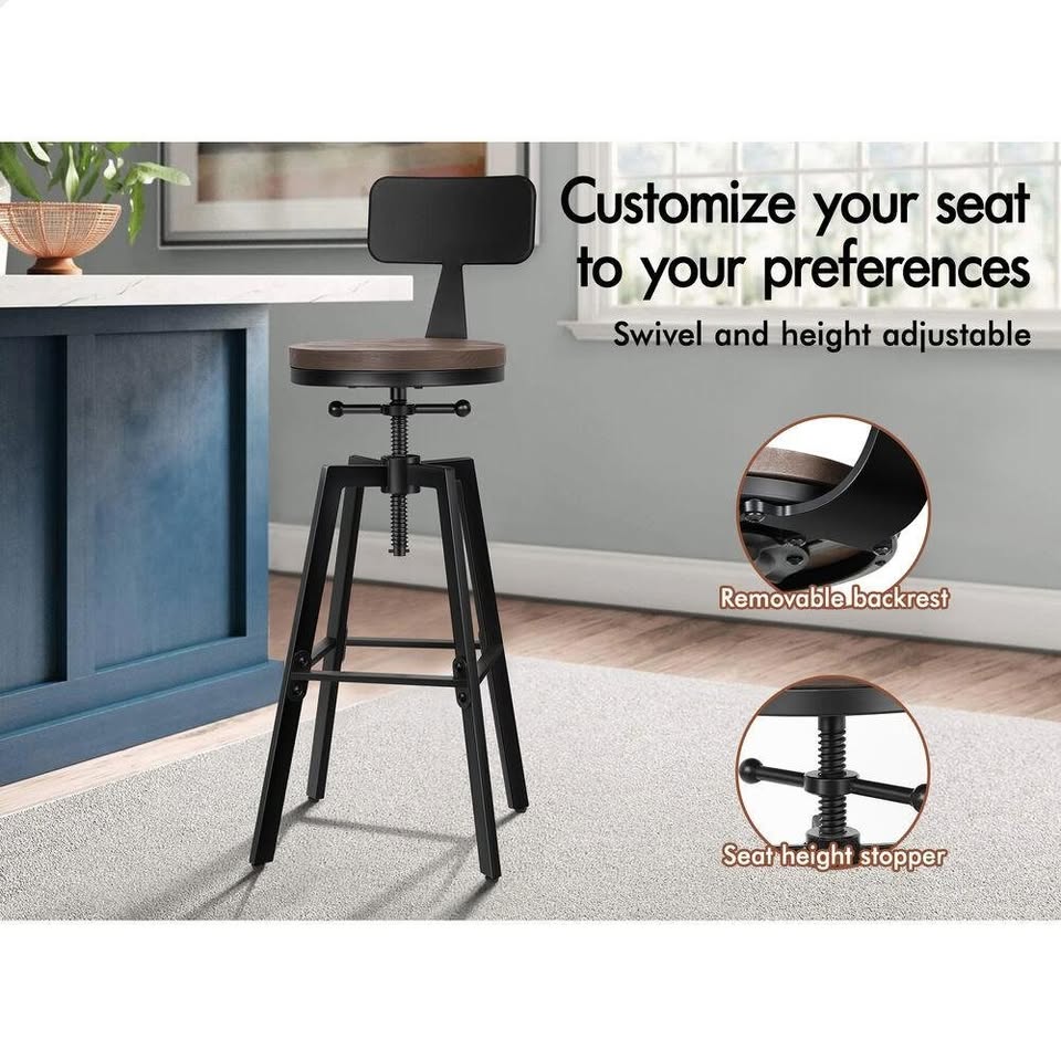 A-BAR-IND-BACK-BKX2 ALFORDSON 2x Bar Stool Retro Kitchen Vintage Chair Industrial Backrest Ezra