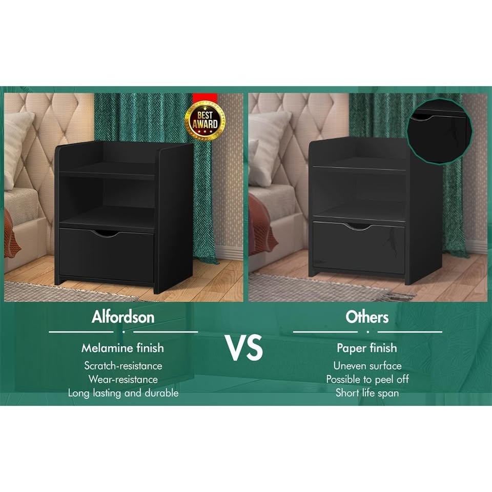 A-BST-1D3SF-BK ALFORDSON Bedside Table Nightstand Storage Drawers Black