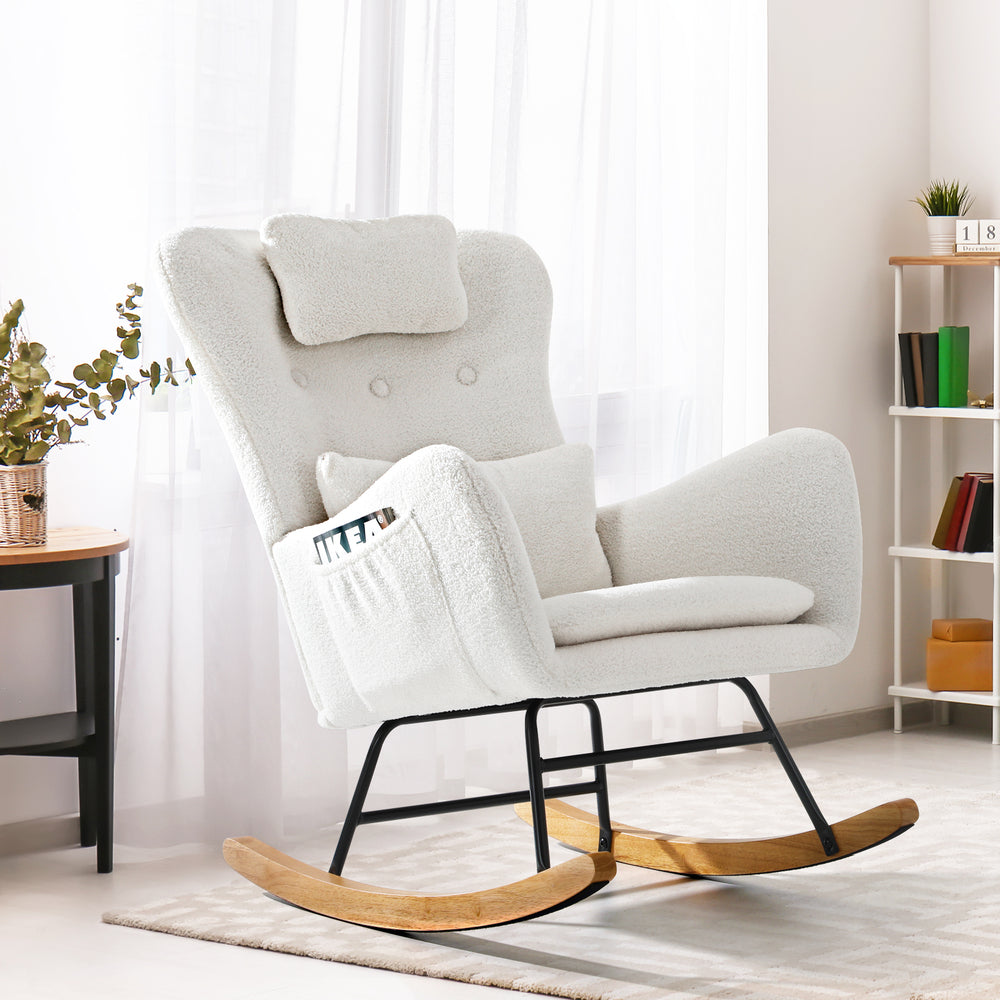 ACH-A7-SP-WH Oikiture Rocking Chair Nursing Armchair Sherpa Accent Chairs With 2 Pillow White