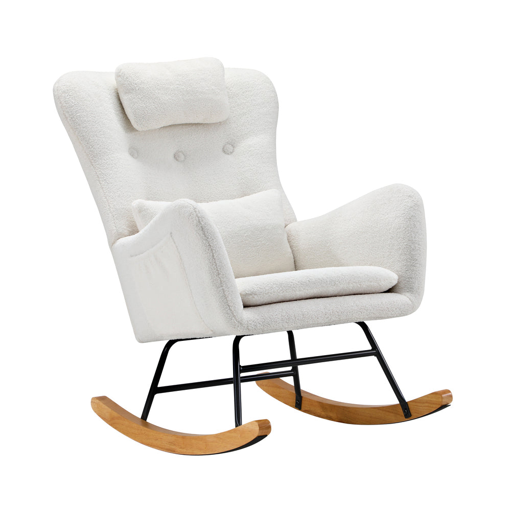 ACH-A7-SP-WH Oikiture Rocking Chair Nursing Armchair Sherpa Accent Chairs With 2 Pillow White
