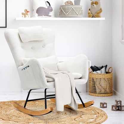 ACH-A7-SP-WH Oikiture Rocking Chair Nursing Armchair Sherpa Accent Chairs With 2 Pillow White