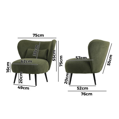 ACH-A8-GN Oikiture Armchair Lounge Chair with Lumbar Pillow Wingback Velvet Green