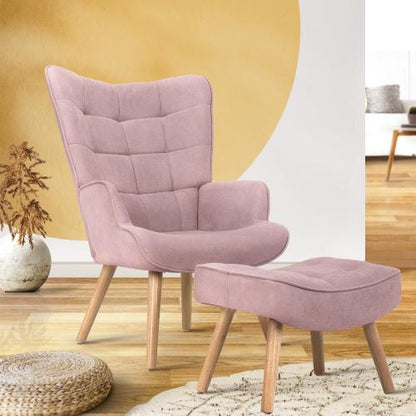ACH-ST-A2-PK Oikiture Armchair Set Ottoman Fabric Sofa Chairs Pink