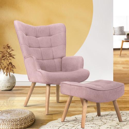ACH-ST-A2-PK Oikiture Armchair Set Ottoman Fabric Sofa Chairs Pink