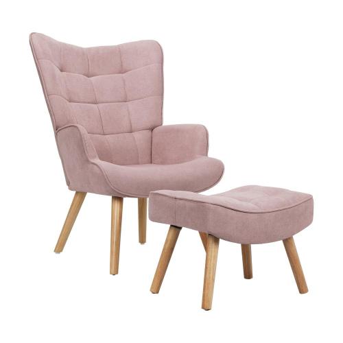 ACH-ST-A2-PK Oikiture Armchair Set Ottoman Fabric Sofa Chairs Pink