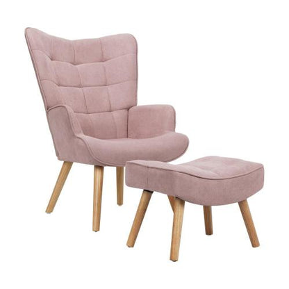 ACH-ST-A2-PK Oikiture Armchair Set Ottoman Fabric Sofa Chairs Pink
