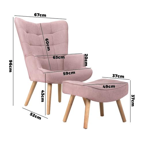 ACH-ST-A2-PK Oikiture Armchair Set Ottoman Fabric Sofa Chairs Pink