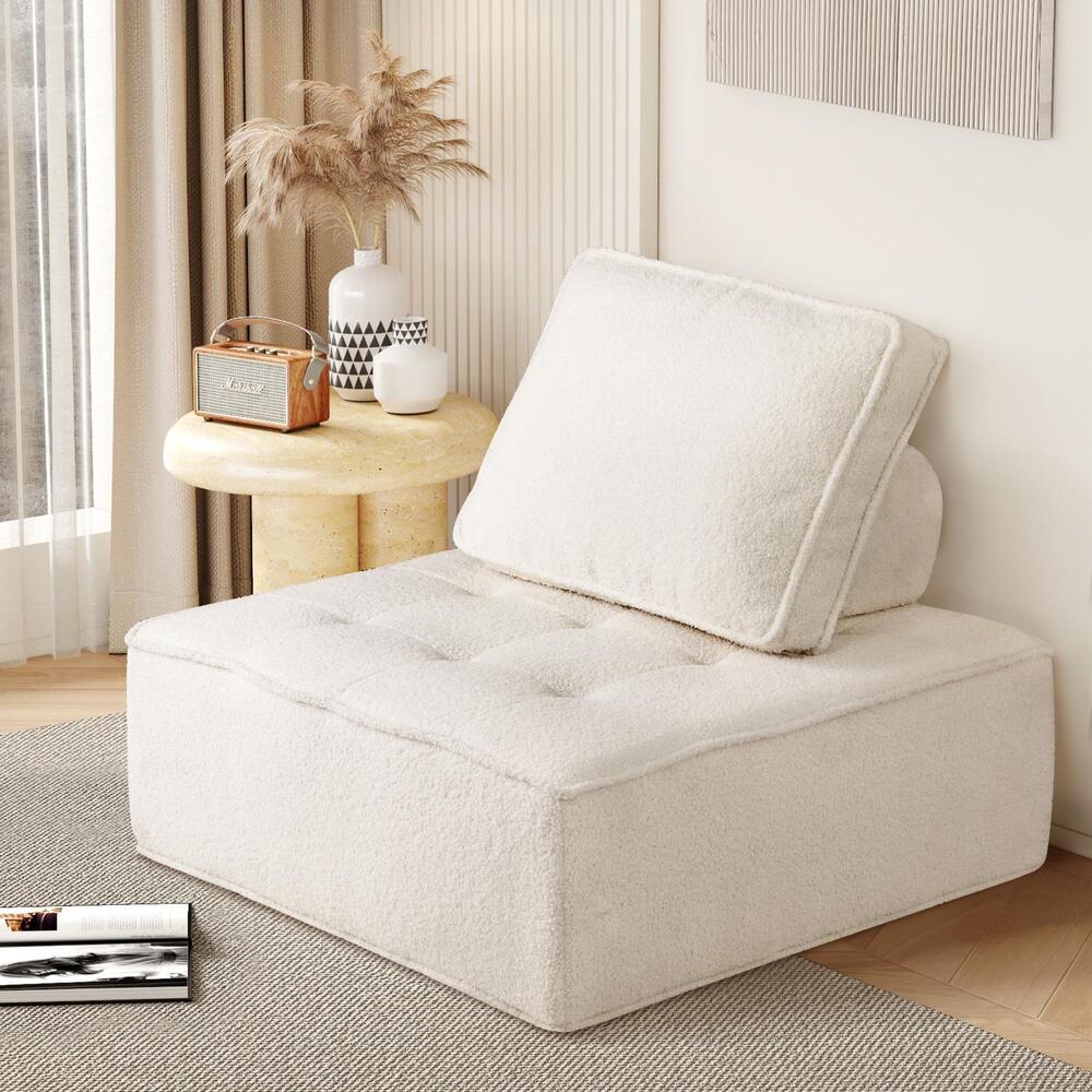 ACH-TOFU-SP-WH Oikiture 1 Seater Boucle Modular Sofa Lounge Chair Armless TOFU Back White