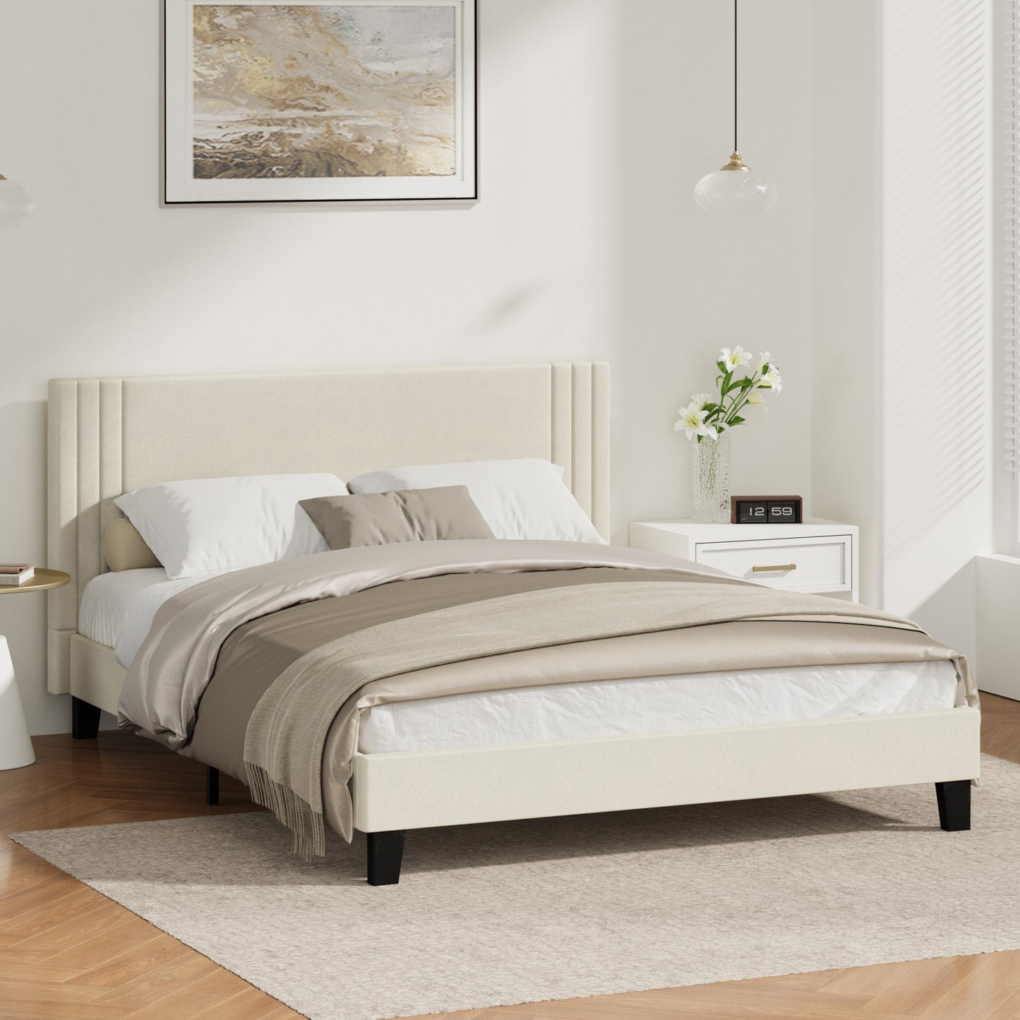 BF-B-AROW-D-BG DOUBLE Anatol Velvet Platform Bed Beige Color