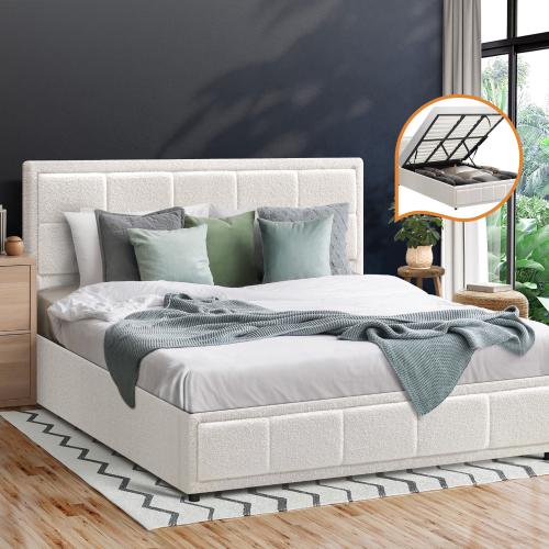 BF-B-BOSS-K-WH-ABC Oikiture Bed Frame King Size Gas Lift Storage Bed Platform Boucle White