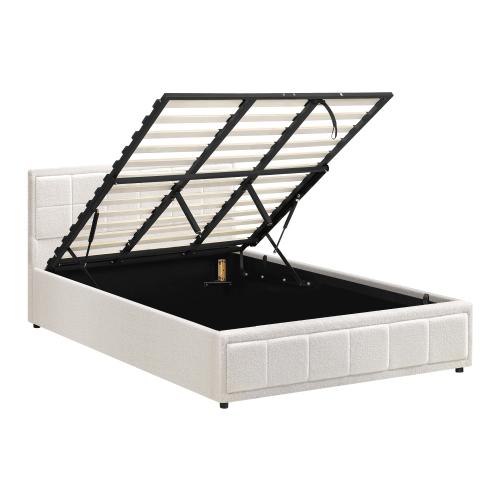 BF-B-BOSS-K-WH-ABC Oikiture Bed Frame King Size Gas Lift Storage Bed Platform Boucle White