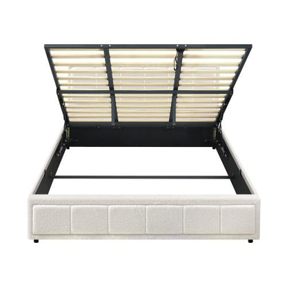 BF-B-BOSS-K-WH-ABC Oikiture Bed Frame King Size Gas Lift Storage Bed Platform Boucle White