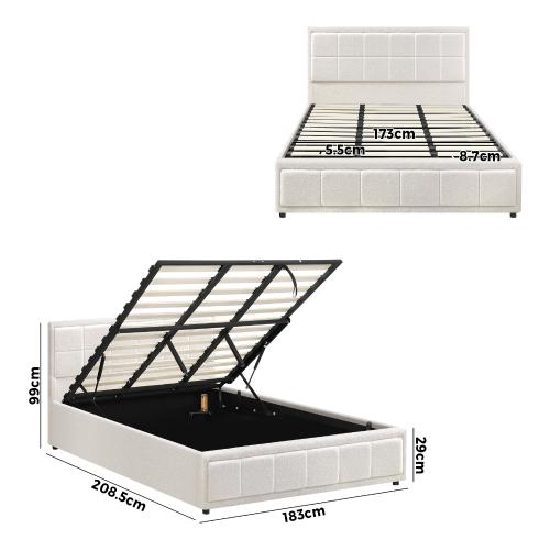BF-B-BOSS-K-WH-ABC Oikiture Bed Frame King Size Gas Lift Storage Bed Platform Boucle White