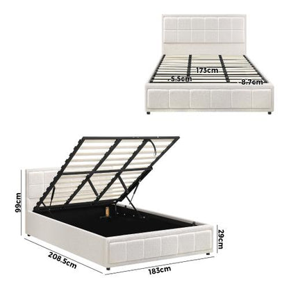 BF-B-BOSS-K-WH-ABC Oikiture Bed Frame King Size Gas Lift Storage Bed Platform Boucle White