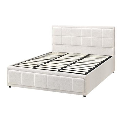 BF-B-BOSS-K-WH-ABC Oikiture Bed Frame King Size Gas Lift Storage Bed Platform Boucle White