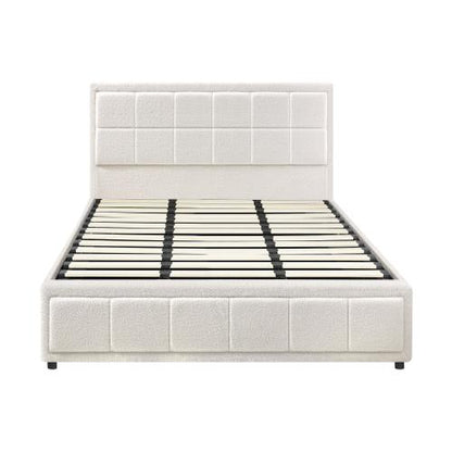 BF-B-BOSS-K-WH-ABC Oikiture Bed Frame King Size Gas Lift Storage Bed Platform Boucle White