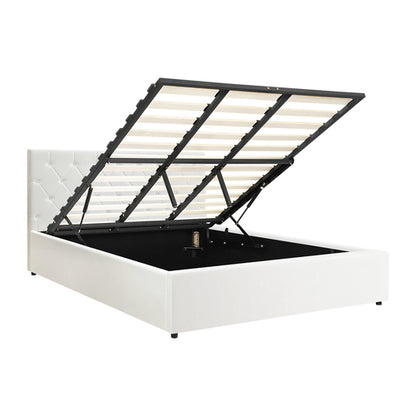 BF-B-COTI-K-WH-ABC Oikiture Bed Frame King Gas Lift Storage Base White Leather