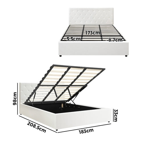 BF-B-COTI-K-WH-ABC Oikiture Bed Frame King Gas Lift Storage Base White Leather