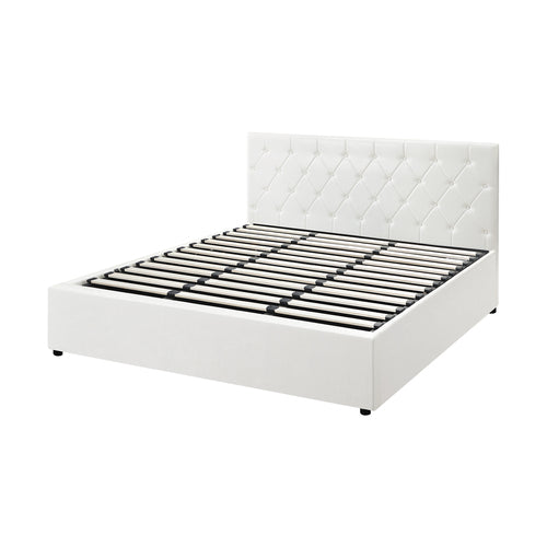 BF-B-COTI-K-WH-ABC Oikiture Bed Frame King Gas Lift Storage Base White Leather