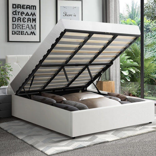 BF-B-COTI-K-WH-ABC Oikiture Bed Frame King Gas Lift Storage Base White Leather