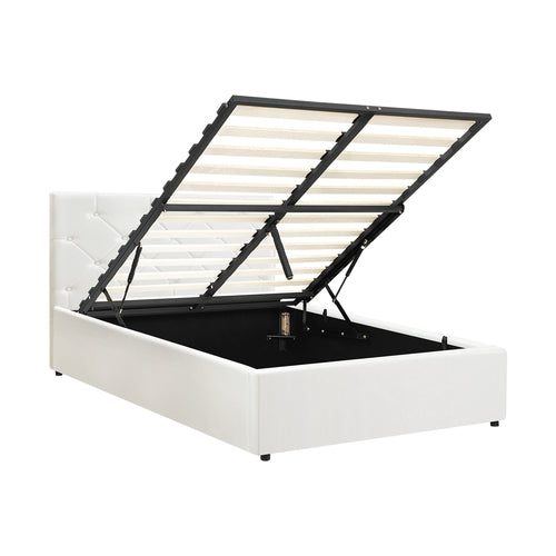 BF-B-COTI-KS-WH-ABC Oikiture Bed Frame King Single Gas Lift Storage Base White Leather