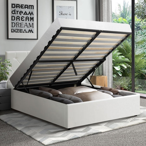 BF-B-COTI-KS-WH-ABC Oikiture Bed Frame King Single Gas Lift Storage Base White Leather