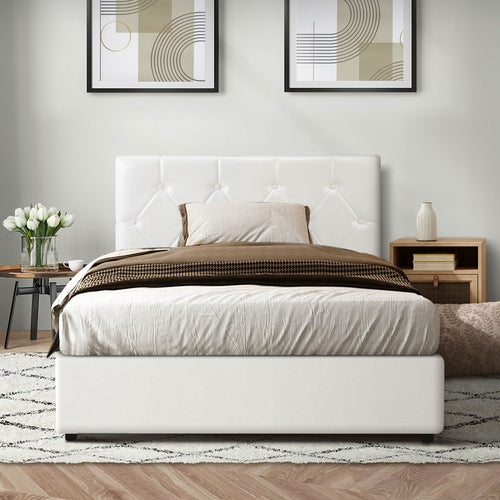 BF-B-COTI-KS-WH-ABC Oikiture Bed Frame King Single Gas Lift Storage Base White Leather