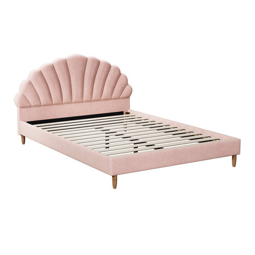 BF-B-ELSA-D-PK-AB Oikiture Bed Frame Queen Size Scallop-Shape Bedhead Pink Velvet