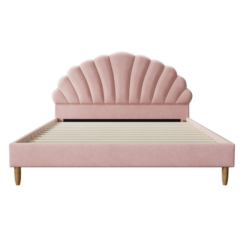 BF-B-ELSA-D-PK-AB Oikiture Bed Frame Queen Size Scallop-Shape Bedhead Pink Velvet