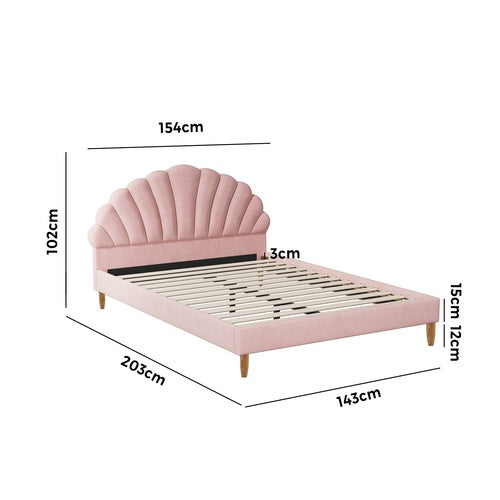 BF-B-ELSA-D-PK-AB Oikiture Bed Frame Queen Size Scallop-Shape Bedhead Pink Velvet