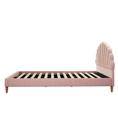 BF-B-ELSA-D-PK-AB Oikiture Bed Frame Queen Size Scallop-Shape Bedhead Pink Velvet