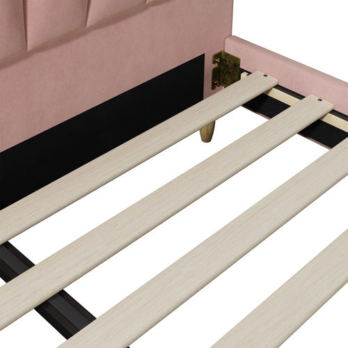 BF-B-ELSA-D-PK-AB Oikiture Bed Frame Queen Size Scallop-Shape Bedhead Pink Velvet