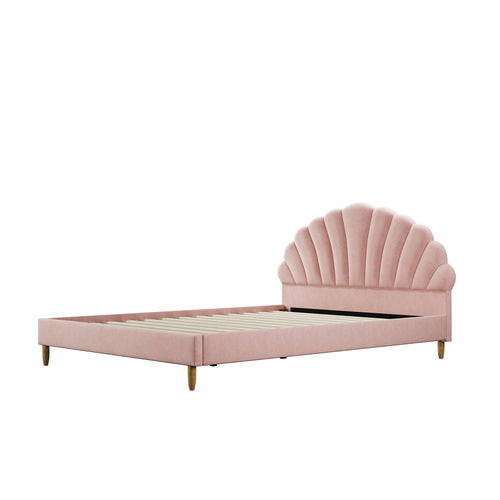 BF-B-ELSA-D-PK-AB Oikiture Bed Frame Queen Size Scallop-Shape Bedhead Pink Velvet